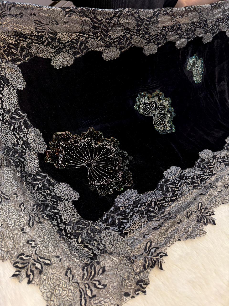 Black Crush Velvet Stoles With Cutwork Lace and Stone Work 2.10 meter length 37 inch width