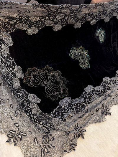 Black Crush Velvet Stoles With Cutwork Lace and Stone Work 2.10 meter length 37 inch width