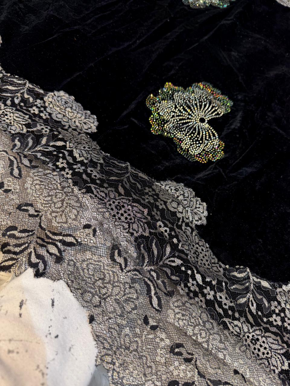 Black Crush Velvet Stoles With Cutwork Lace and Stone Work 2.10 meter length 37 inch width