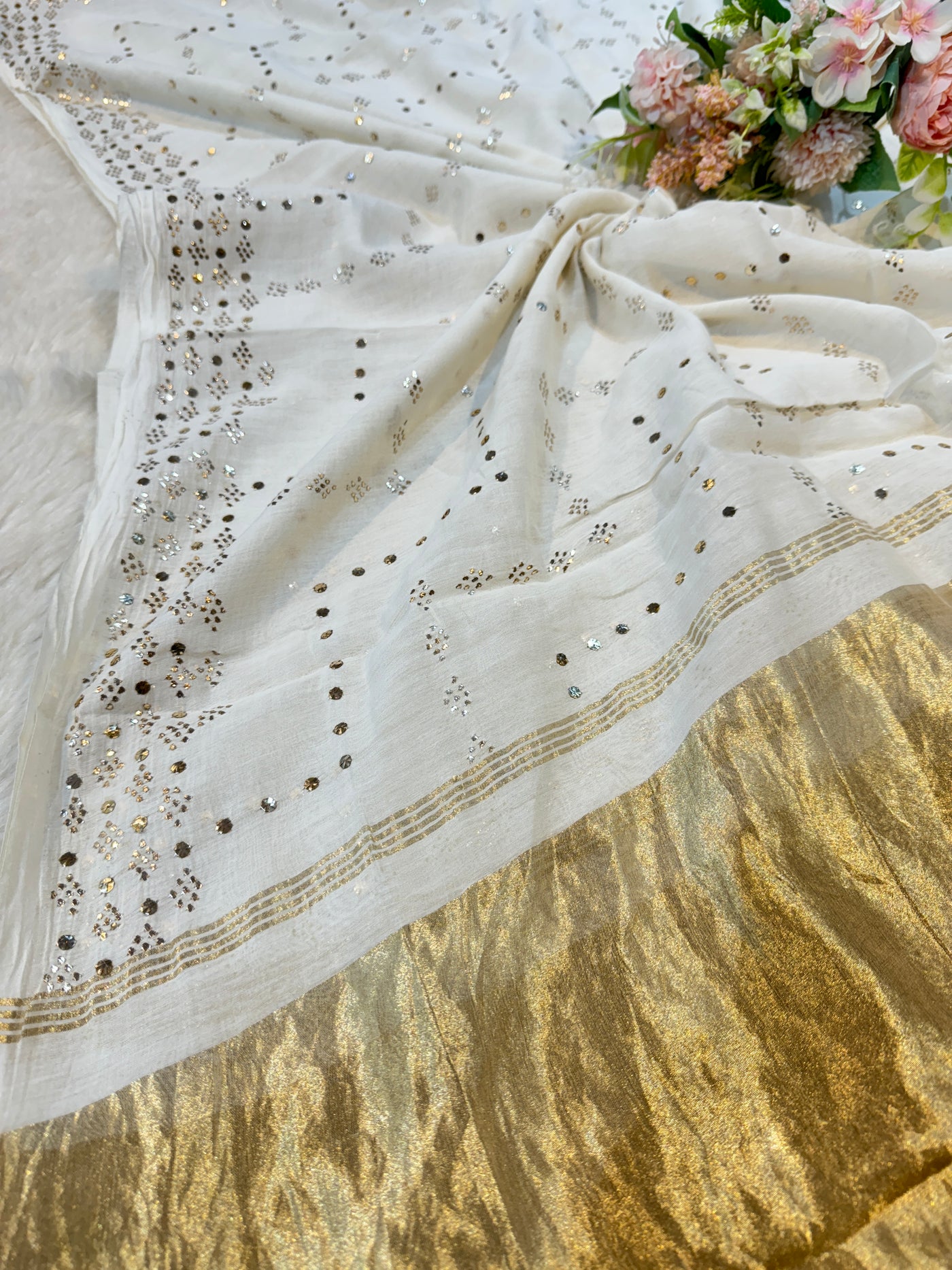 Pure Mul Chanderi Original Hand Mukesh And Baadla Work Dupatta Dyeable