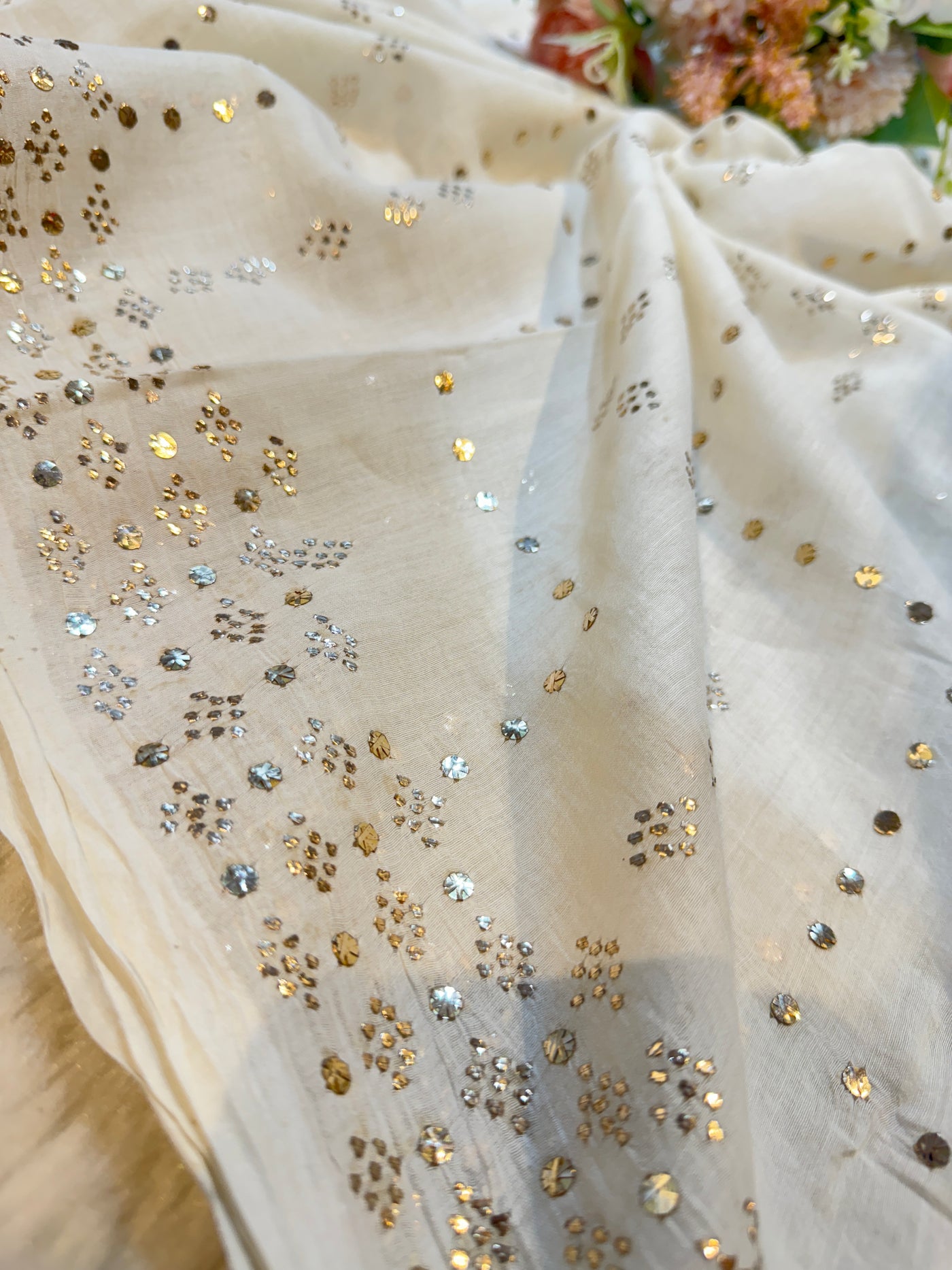 Pure Mul Chanderi Original Hand Mukesh And Baadla Work Dupatta Dyeable