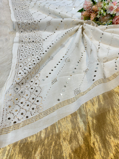 Pure Mul Chanderi Original Hand Mukesh And Baadla Work Dupatta Dyeable