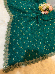 Falak Peacock Green munga Silk Original Hand bandhej dupatta with Banarsi booti and Cutwork borders