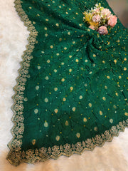 Falak Bottle Green munga Silk Original Hand bandhej dupatta with Banarsi booti and Cutwork borders