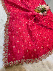 Falak Gajri Pure munga Silk Original Hand bandhej dupatta with Banarsi booti and Cutwork borders