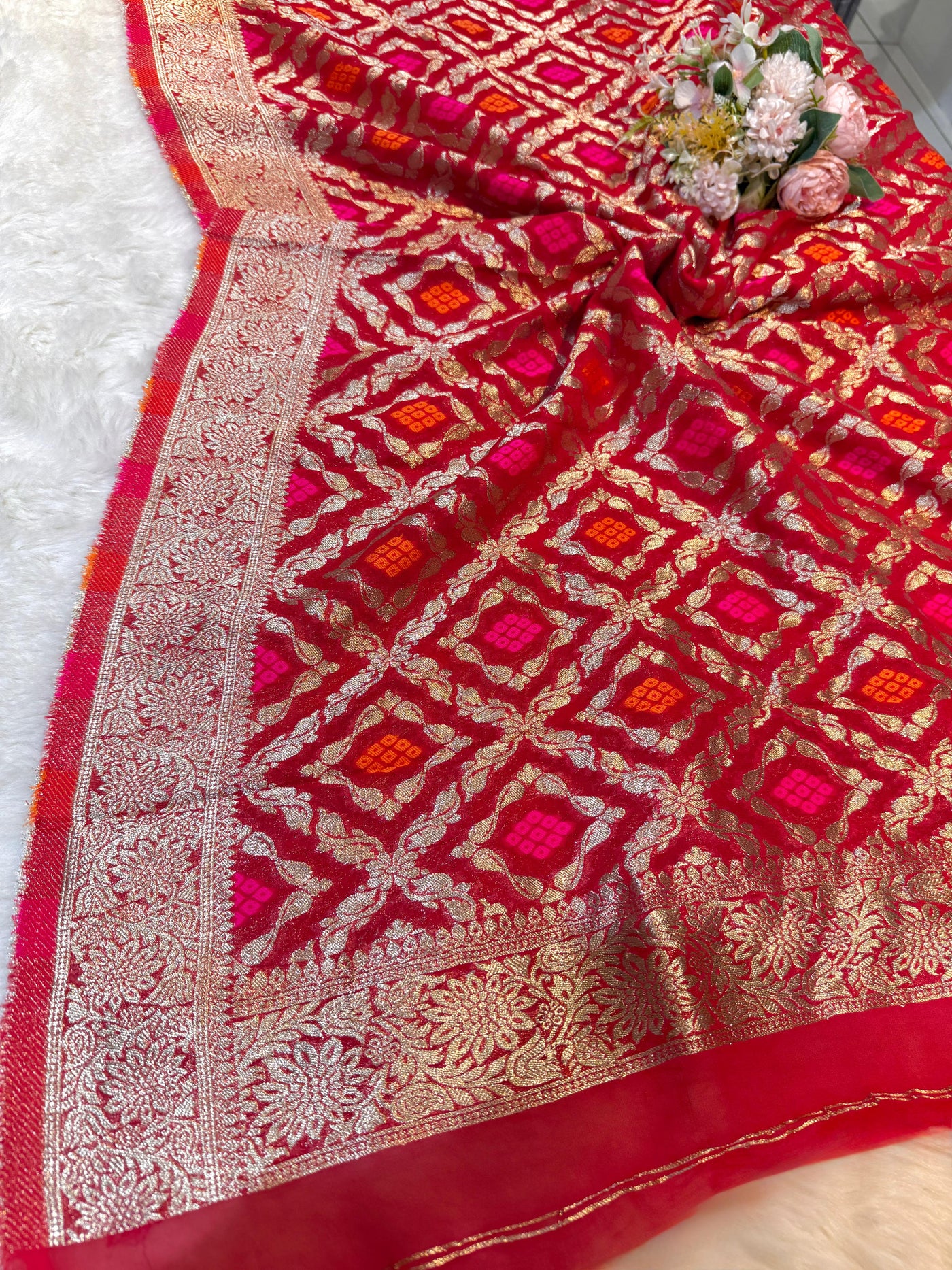 Bright Red Pure Viscose Georgette Dupatta With Bandhej Weave 2.40 Meter Length 36 Inch Width