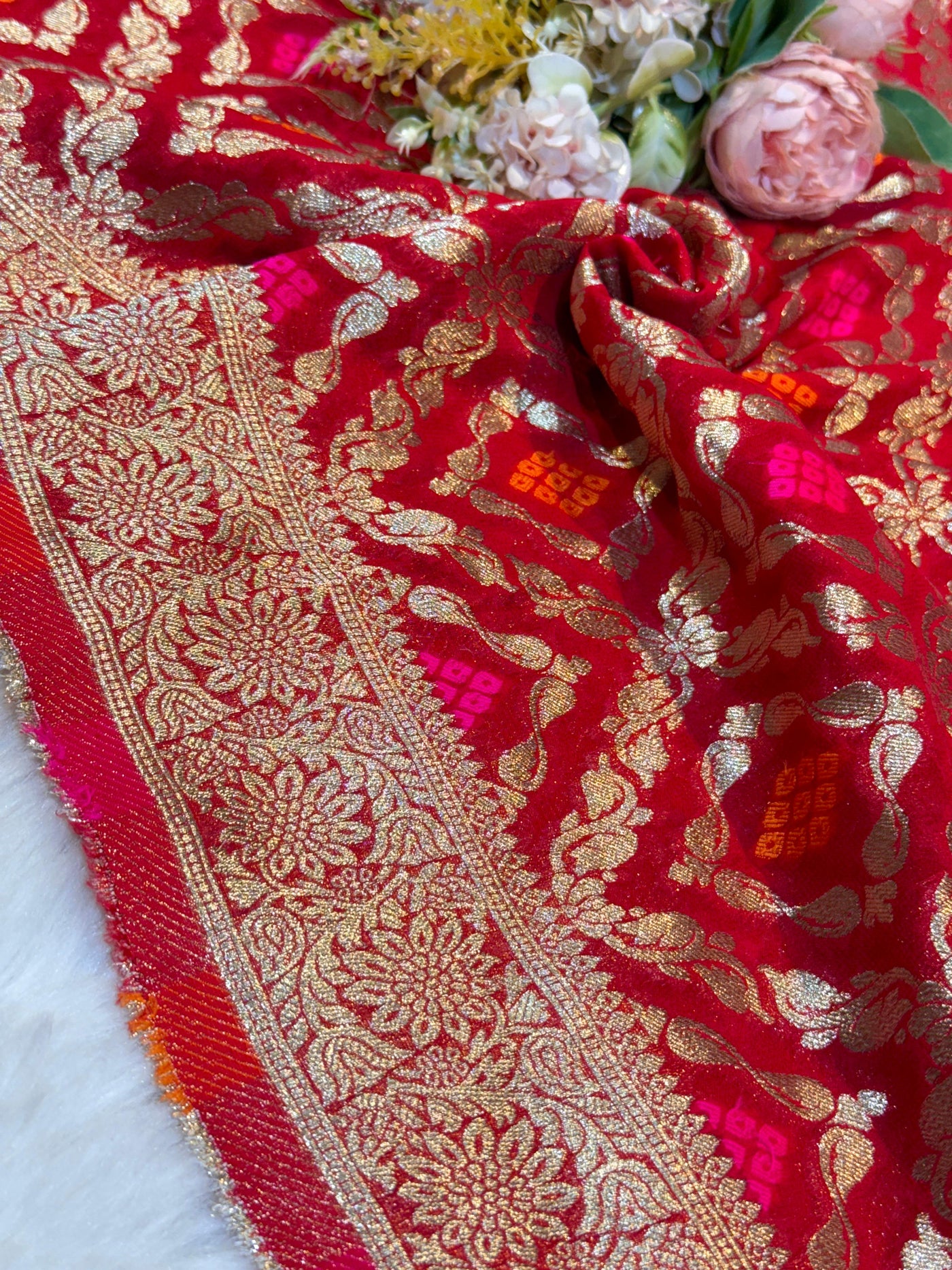 Bright Red Pure Viscose Georgette Dupatta With Bandhej Weave 2.40 Meter Length 36 Inch Width