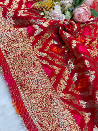 Bright Red Pure Viscose Georgette Dupatta With Bandhej Weave 2.40 Meter Length 36 Inch Width