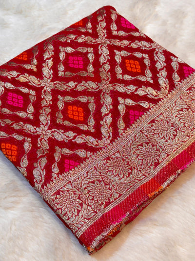 Bright Red Pure Viscose Georgette Dupatta With Bandhej Weave 2.40 Meter Length 36 Inch Width