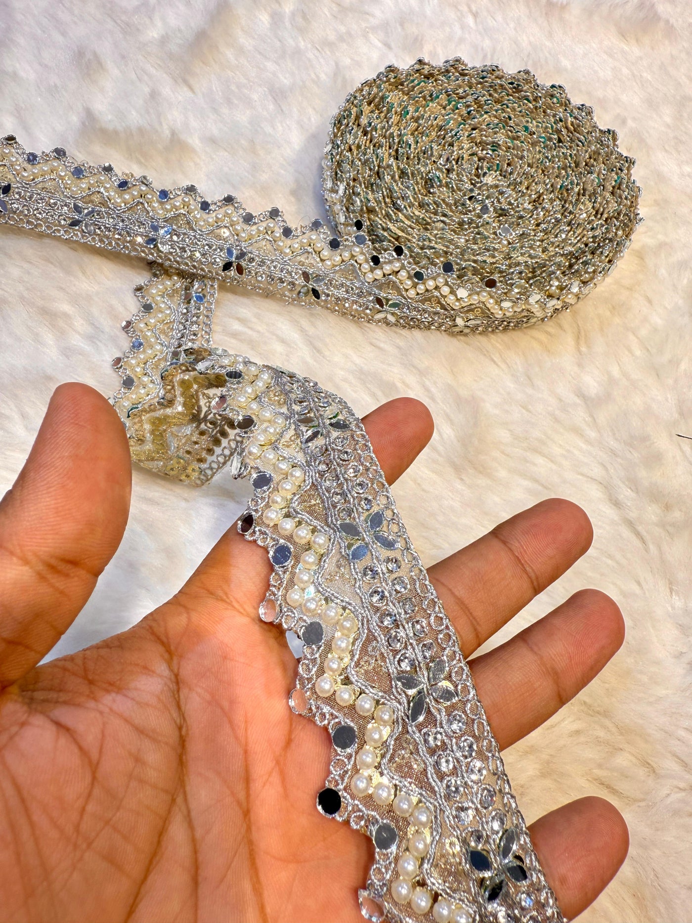 (Wholesale pack of 9 meter ) Lace Border with Pearl and Mirror work