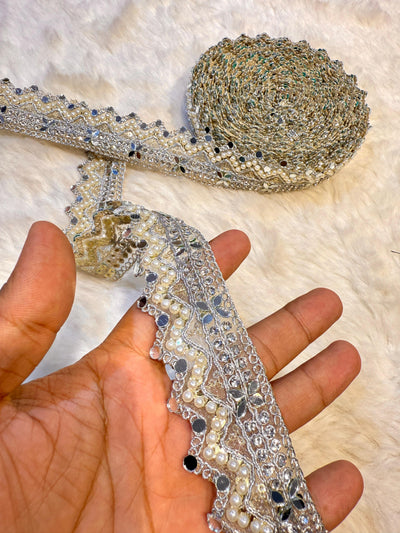 (Wholesale pack of 9 meter ) Lace Border with Pearl and Mirror work
