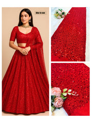 (Precut of 0.70 Meter) Red Imported Net Embroidery With Sequins and Pearl work 54 inch width