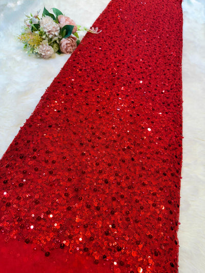 Red Imported Net Embroidery With Sequins and Pearl work 54 inch width