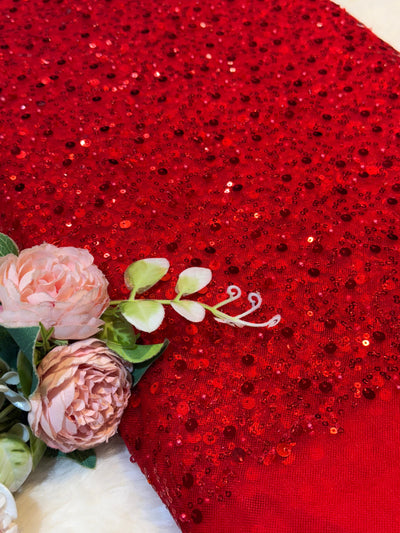 Red Imported Net Embroidery With Sequins and Pearl work 54 inch width