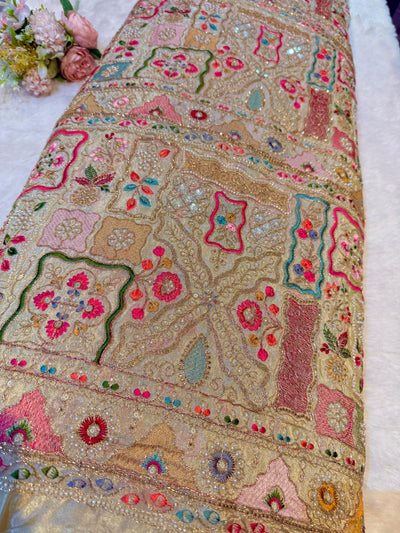 Iknoor Pure Zari Tissue Handwork Embroidery With Thread And Cutdana work 44 inch width