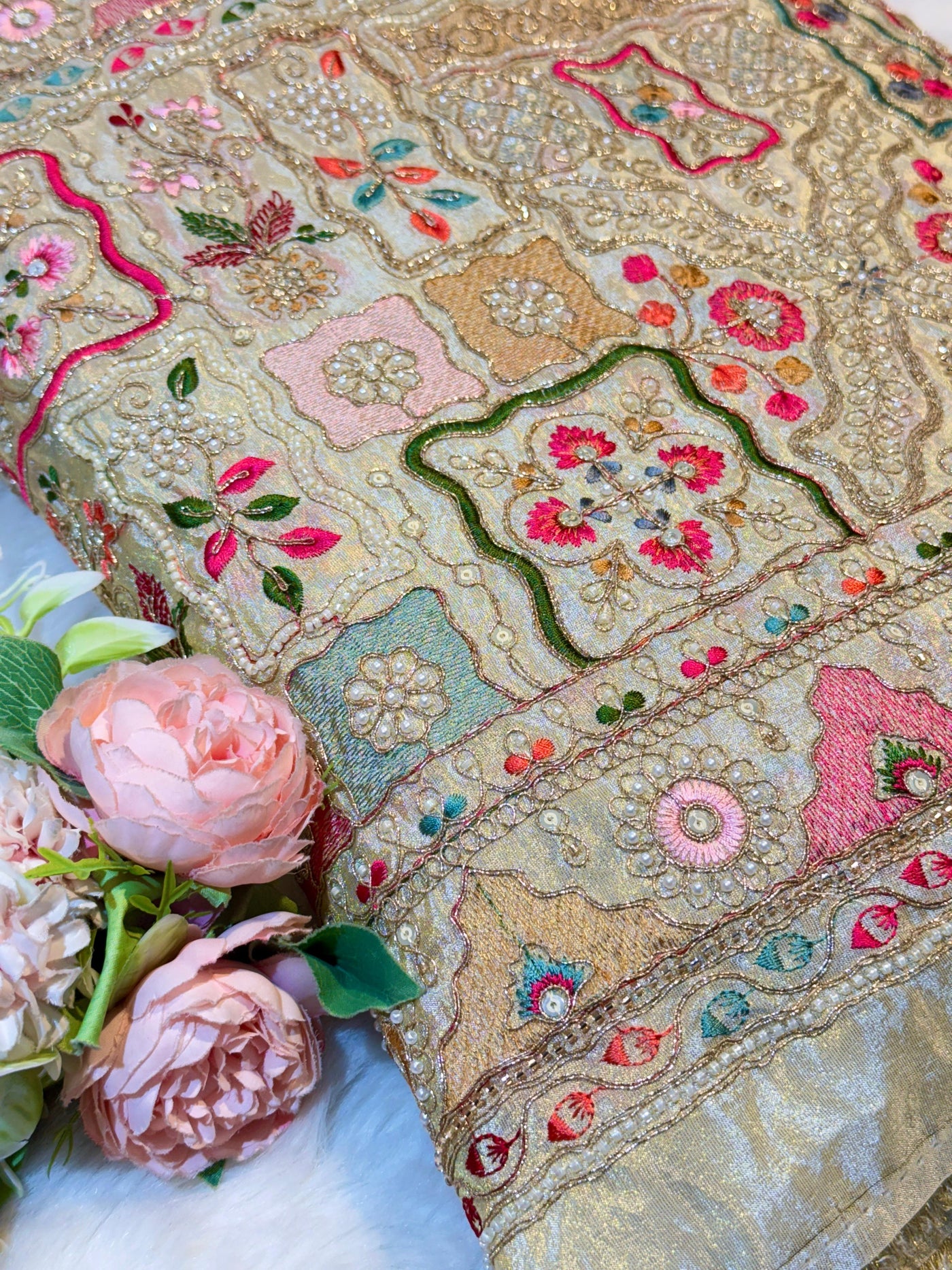 Iknoor Pure Zari Tissue Handwork Embroidery With Thread And Cutdana work 44 inch width