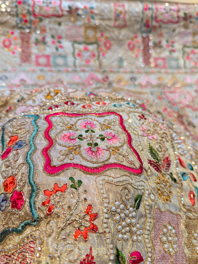 Iknoor Pure Zari Tissue Handwork Embroidery With Thread And Cutdana work 44 inch width
