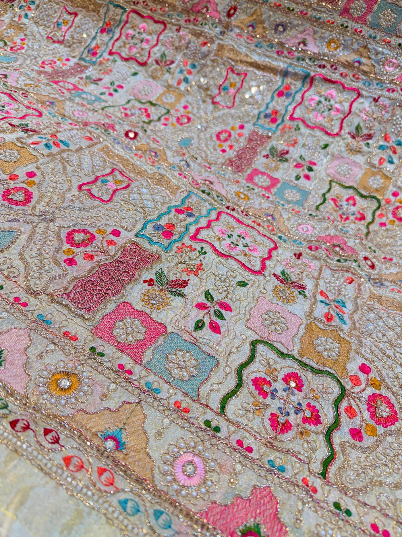 Iknoor Pure Zari Tissue Handwork Embroidery With Thread And Cutdana work 44 inch width