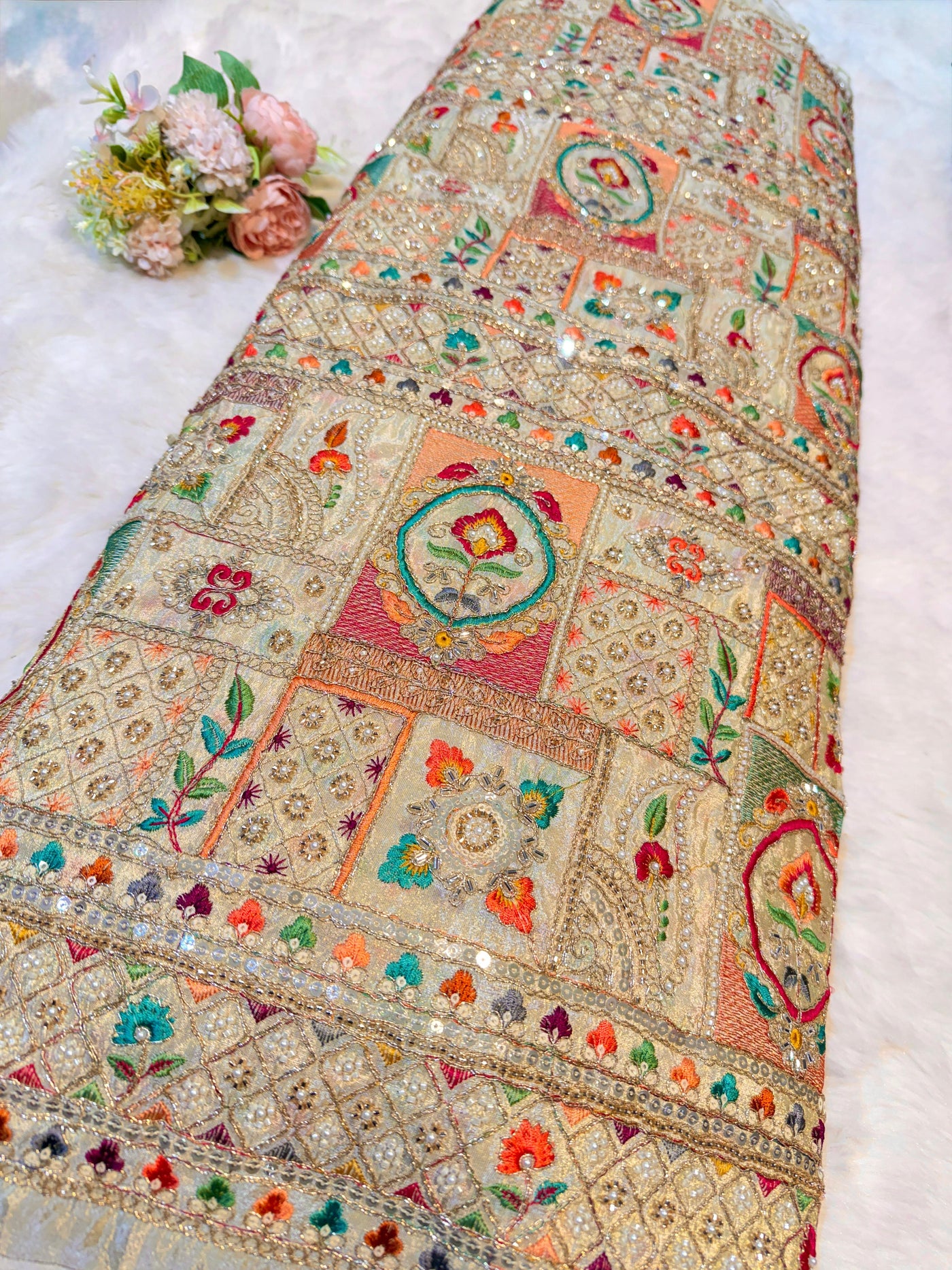 Iknoor Pure Zari Tissue Handwork Embroidery With Thread And Cutdana work 44 inch