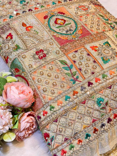 Iknoor Pure Zari Tissue Handwork Embroidery With Thread And Cutdana work 44 inch