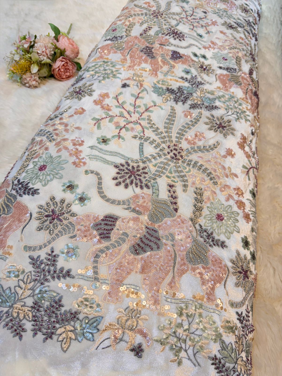 Perk Cloth Perk Pure White Imported Handwork Velvet Embroidery 54 inch width (sli ...