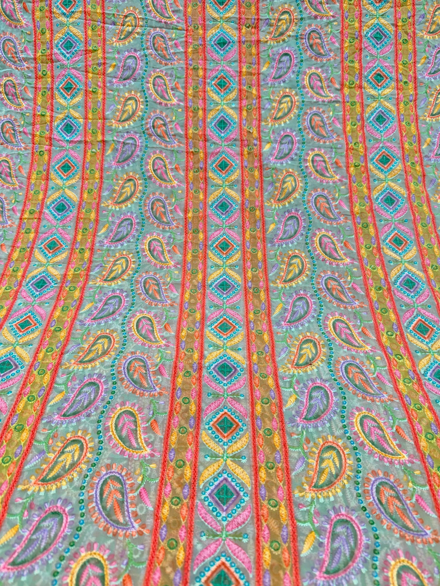 Aqua Green Georgette Chikankari Stripe Floral Threadwork Embroidery 44 inch width