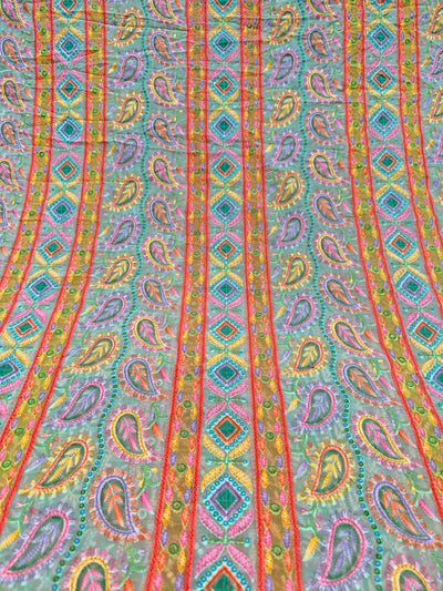 Aqua Green Georgette Chikankari Stripe Floral Threadwork Embroidery 44 inch width