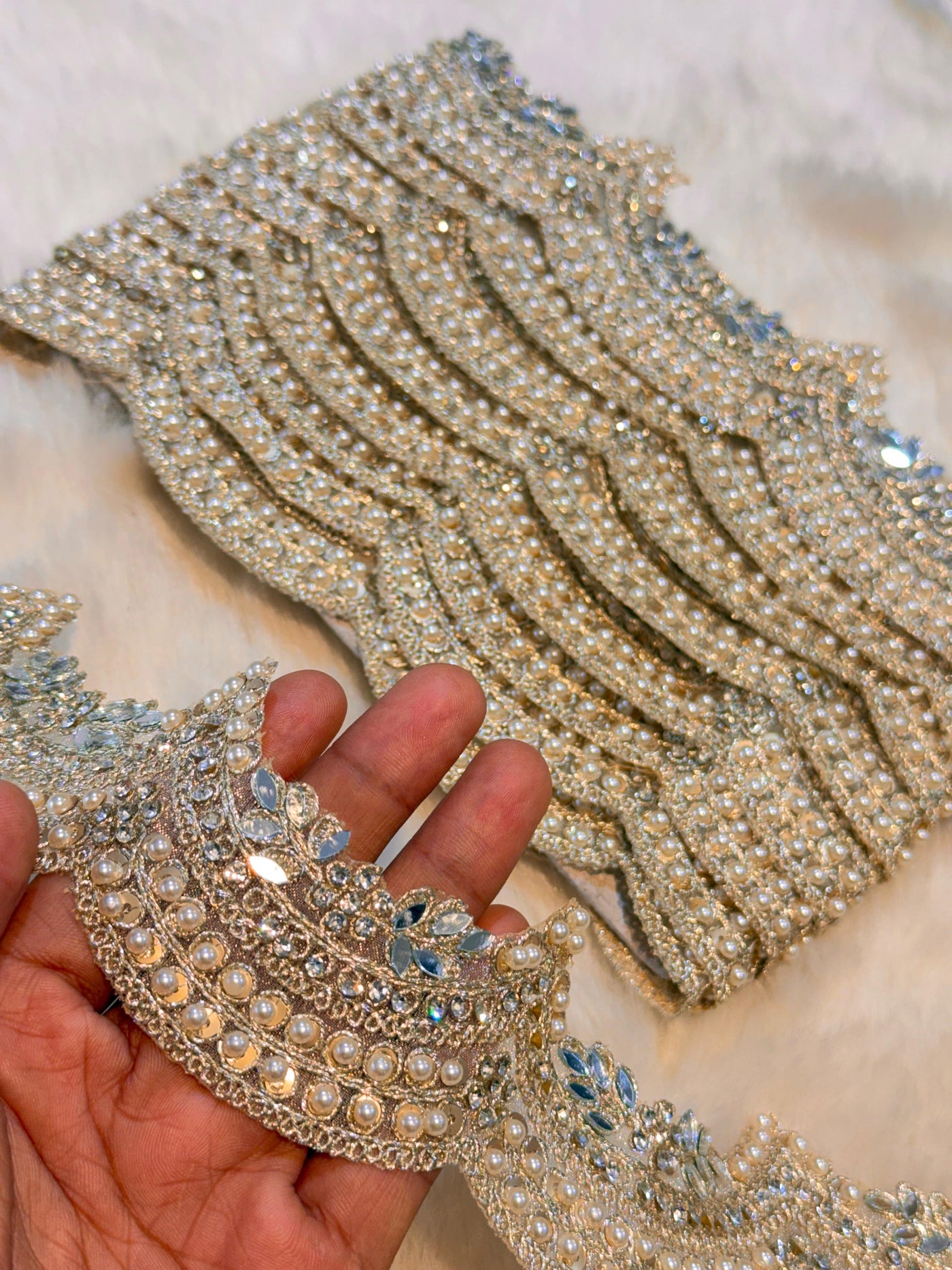 (Wholesale pack of 9 meter ) Lace Border With Pearl , Stone  and Mirror work