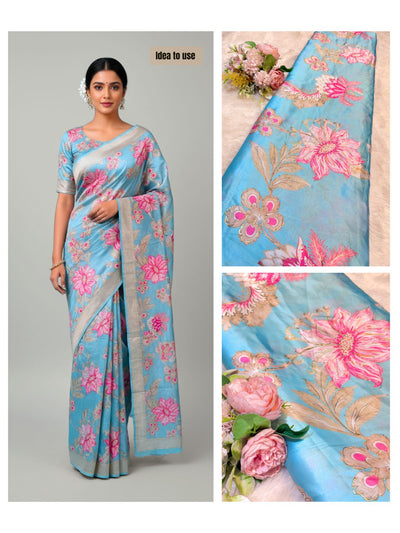 Blue Satin Georgette Digital Print With Foil Work 44 inch width