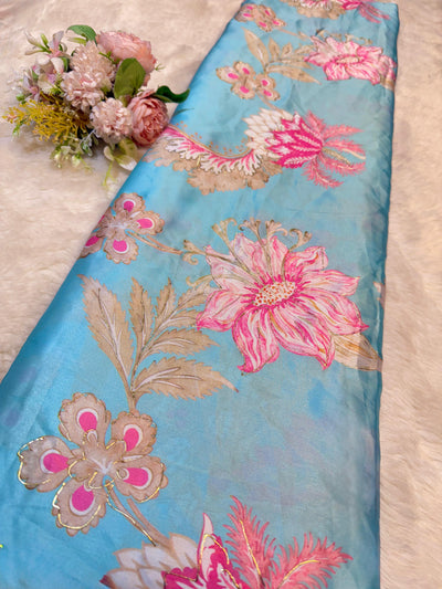 Blue Satin Georgette Digital Print With Foil Work 44 inch width