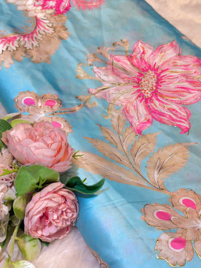 Blue Satin Georgette Digital Print With Foil Work 44 inch width