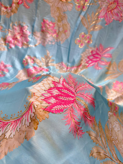 Blue Satin Georgette Digital Print With Foil Work 44 inch width