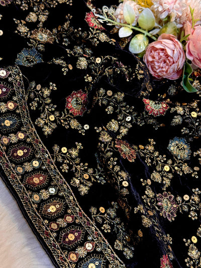 Husn Black Pure Velvet Limited Edition Dupatta With Embroidery 2.40 meter length