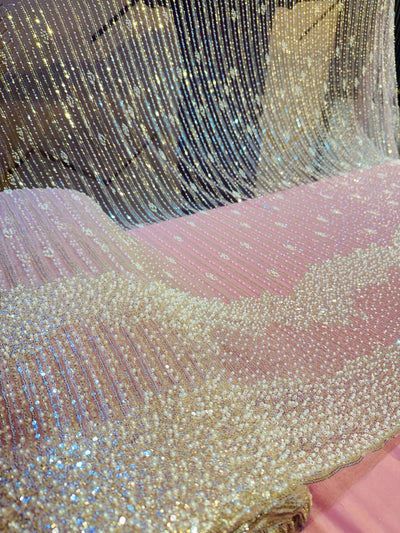 Hoor Handwork Net  Embroidery 54 inch width With Pearls and Cutdana Work