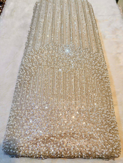 Hoor Handwork Net  Embroidery 54 inch width With Pearls and Cutdana Work