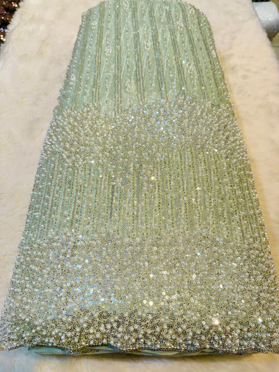 Hoor Handwork Net  Embroidery 54 inch width With Pearls and Cutdana Work