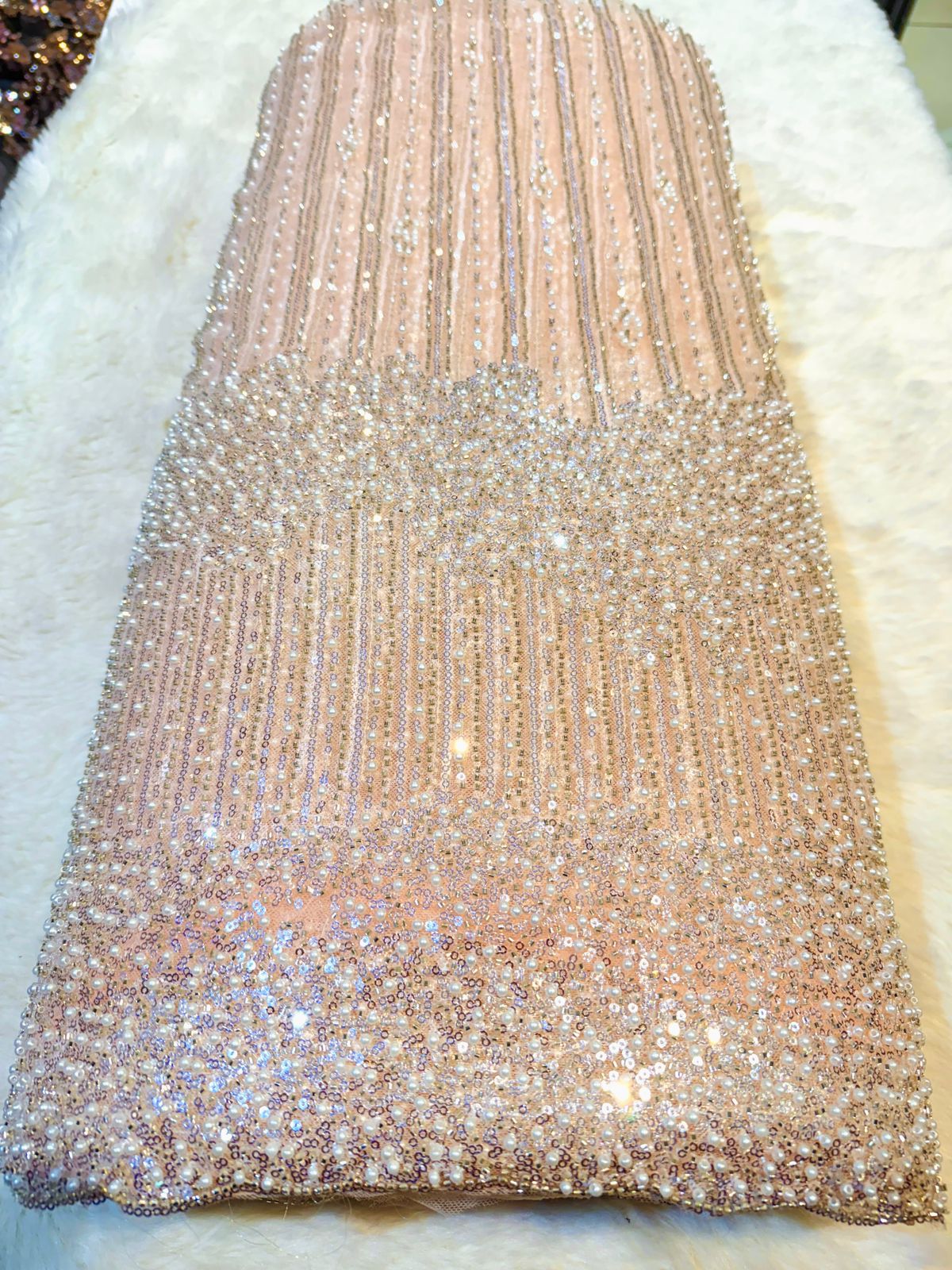 Hoor Handwork Net  Embroidery 54 inch width With Pearls and Cutdana Work