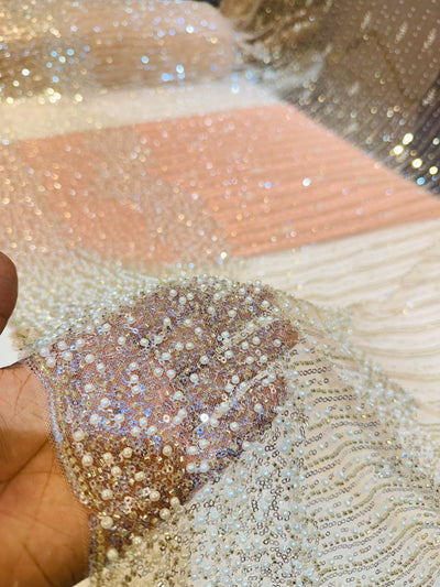 Hoor Handwork Net  Embroidery 54 inch width With Pearls and Cutdana Work