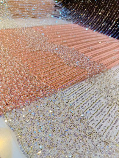 Hoor Handwork Net  Embroidery 54 inch width With Pearls and Cutdana Work