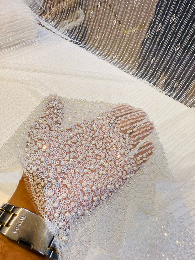 Hoor Handwork Net  Embroidery 54 inch width With Pearls and Cutdana Work