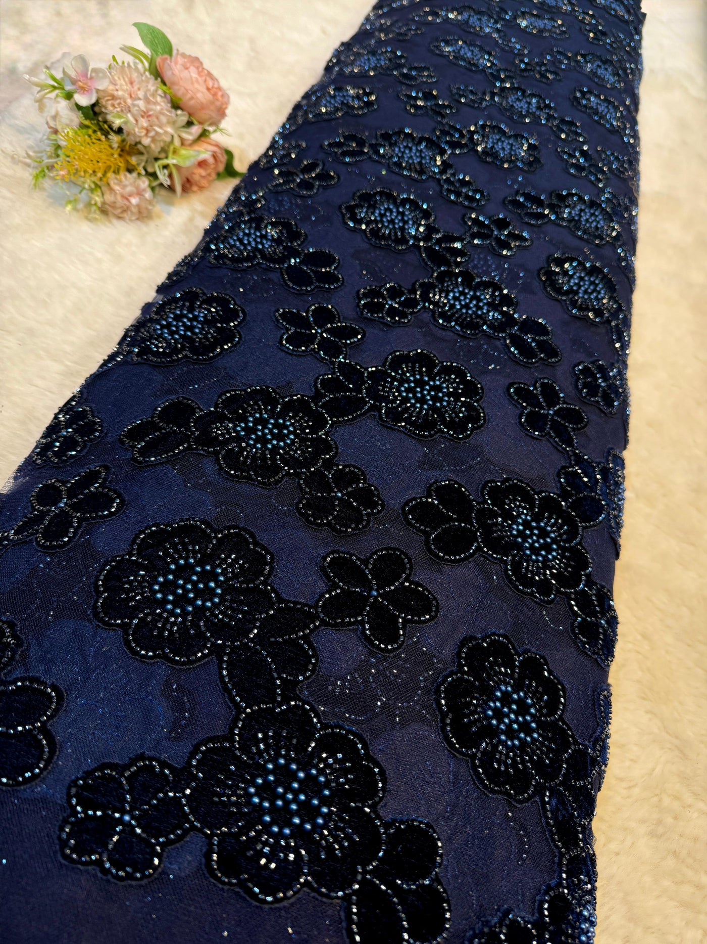 Navy Blue Imported Handwork Net Embroidery With Velvet Applique and cutdana floral work 54 inch width