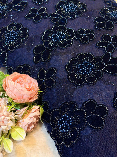 Navy Blue Imported Handwork Net Embroidery With Velvet Applique and cutdana floral work 54 inch width