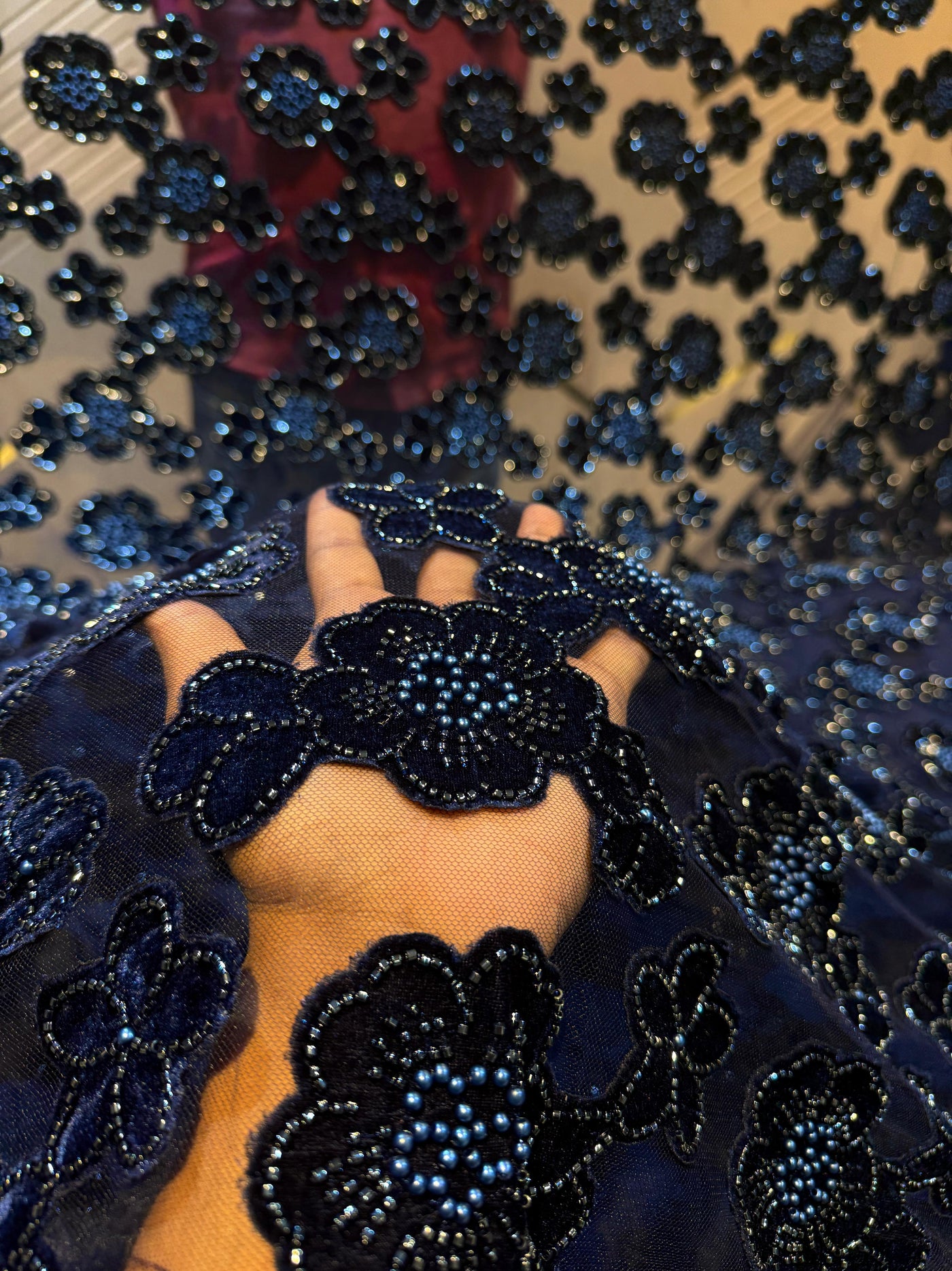 Navy Blue Imported Handwork Net Embroidery With Velvet Applique and cutdana floral work 54 inch width