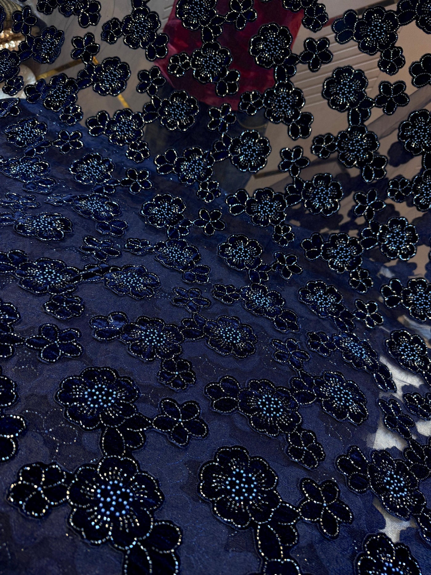 Navy Blue Imported Handwork Net Embroidery With Velvet Applique and cutdana floral work 54 inch width