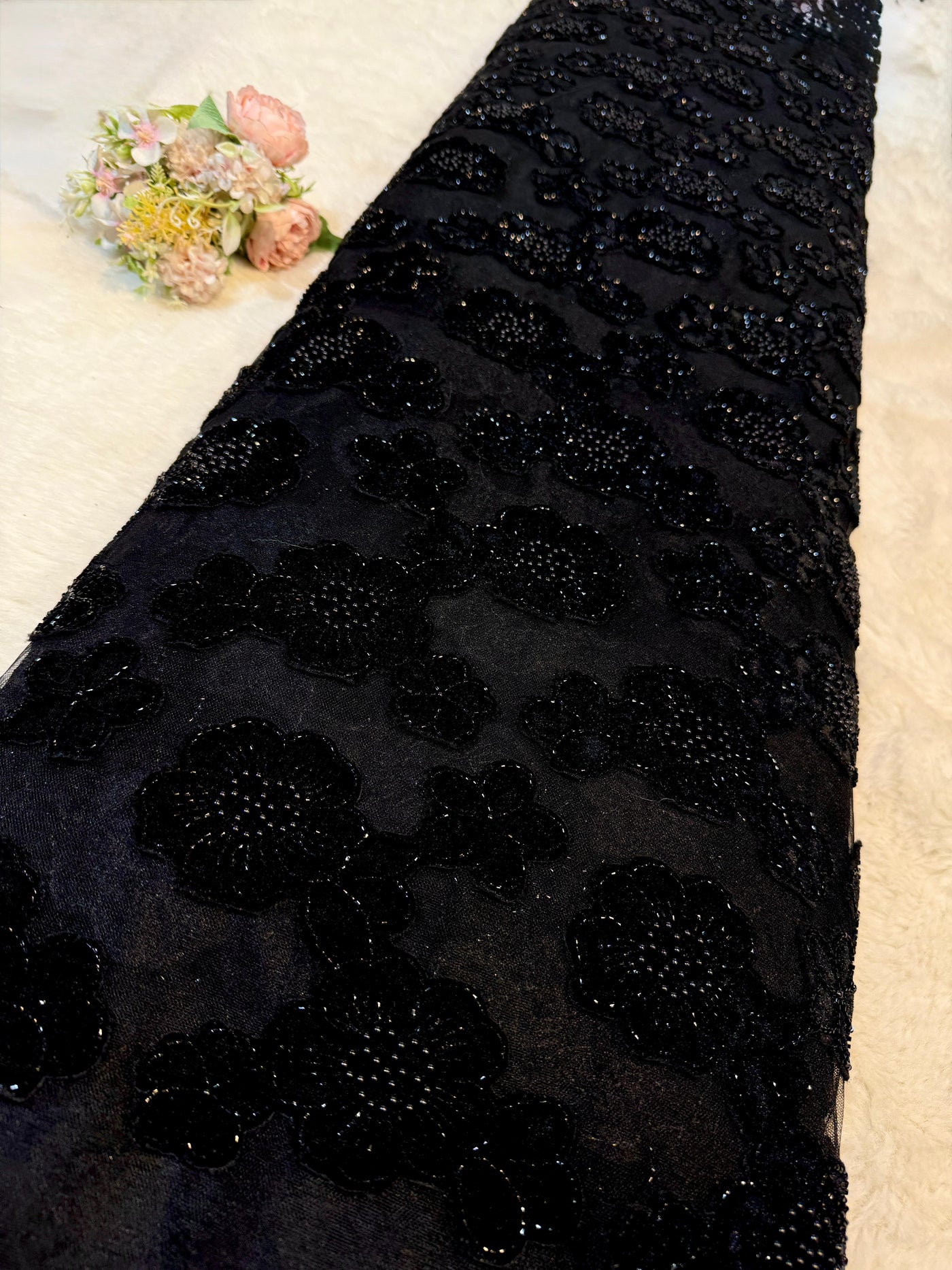 Black Imported Handwork Net Embroidery With Velvet Applique and cutdana floral work 54 inch width