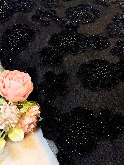 Black Imported Handwork Net Embroidery With Velvet Applique and cutdana floral work 54 inch width