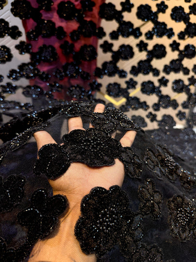 Black Imported Handwork Net Embroidery With Velvet Applique and cutdana floral work 54 inch width