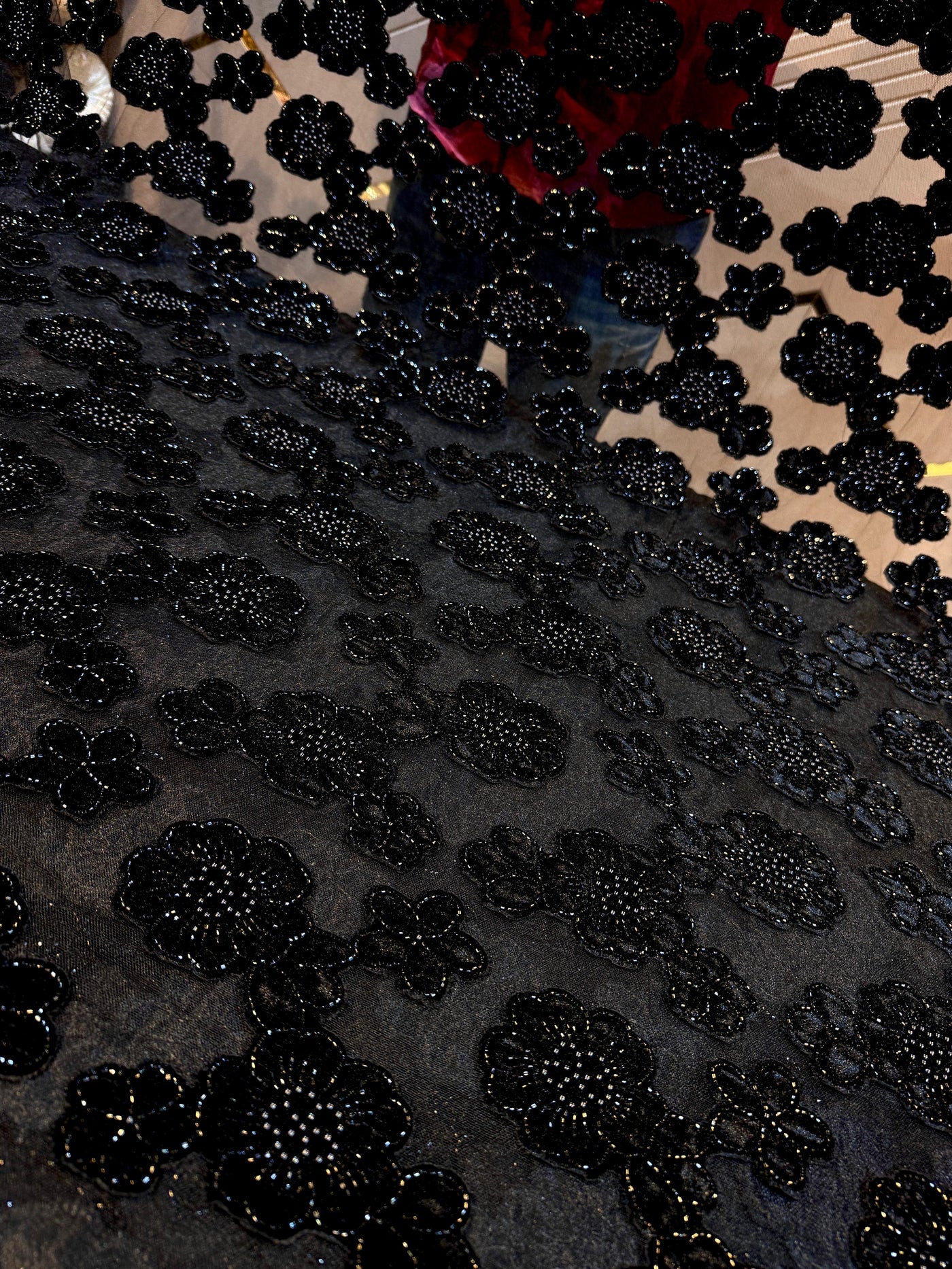 Black Imported Handwork Net Embroidery With Velvet Applique and cutdana floral work 54 inch width