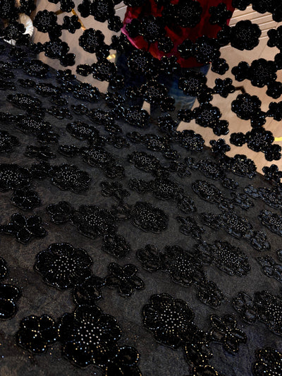 Black Imported Handwork Net Embroidery With Velvet Applique and cutdana floral work 54 inch width