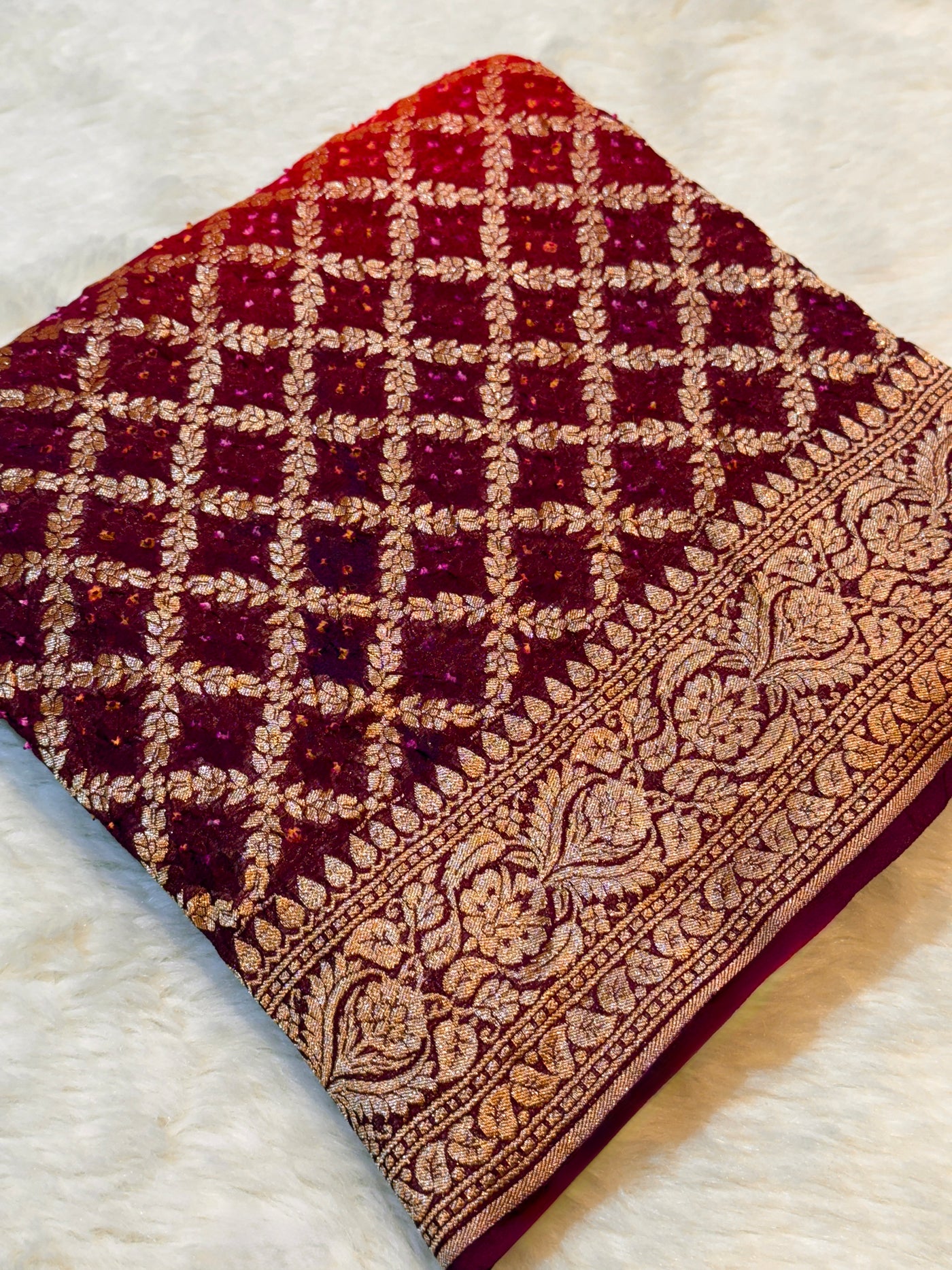 Pure Georgette Handmade Bandhini Dupatta with Banarasi Work 2.50 meter length